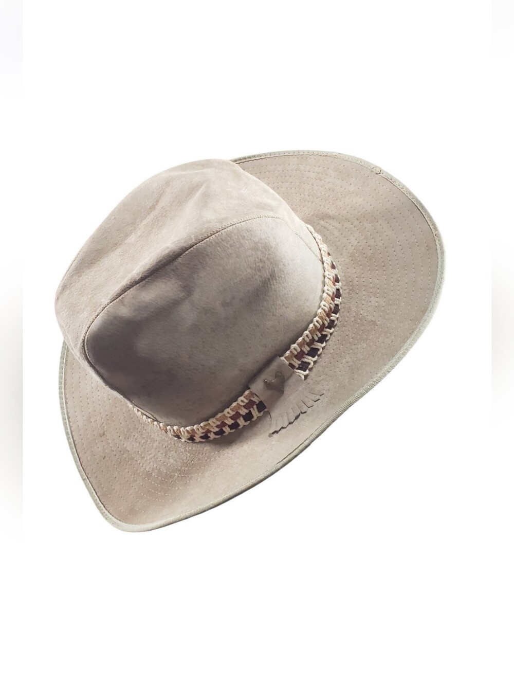 Vtg Cowboy Rancher Suede Leather Woven Hat Band Brass Saddle Pin Fringe Tab OS